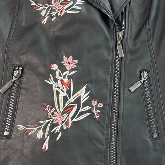 NWT Alfani Womens Black Floral Embroidered Jacket Sz S Faux Leather Moto Biker - Picture 5 of 12